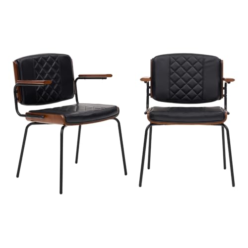 Set of 2 Mid-Century Modern Upholstered Dining Chairs with Walnut Arms and Chrome Legs (Black)