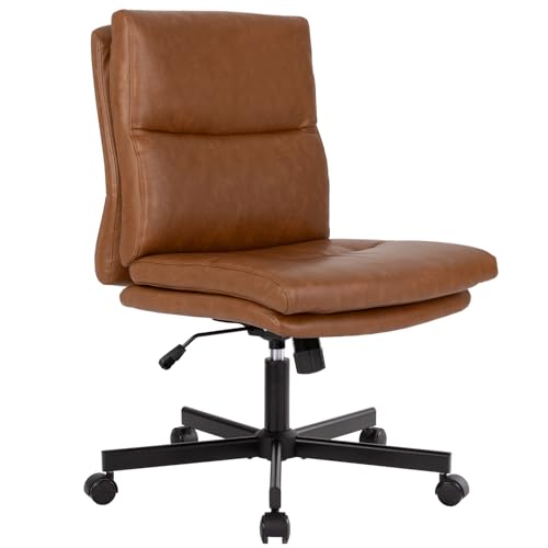 LUCKWIND Double-Padded Armless Swivel Chair with Wheels, Adjustable Height, Brown