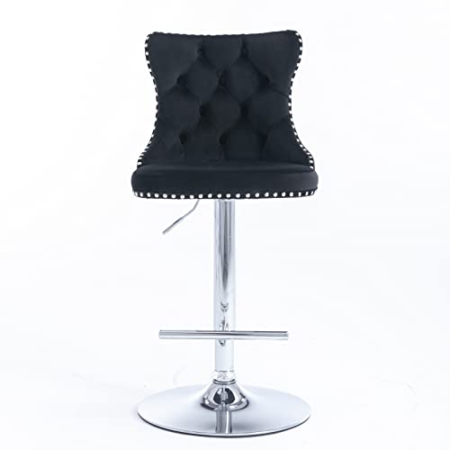 Black Velvet Swivel Bar Stools with High Back & Nailhead Trim - Set of 2