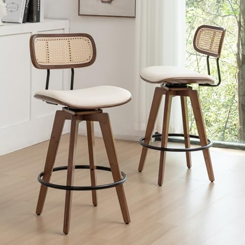 Mid Century Modern Swivel Rattan Bar Stools Set of 2