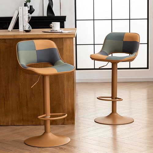 YOUNIKE Tan & Green Adjustable Patchwork Bar Stools - Boho Faux Leather Kitchen Chairs
