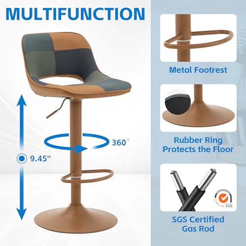 YOUNIKE Set of 2 Adjustable Patchwork Bar Stools - Boho Faux Leather Kitchen Chairs with Back, Tan and Green