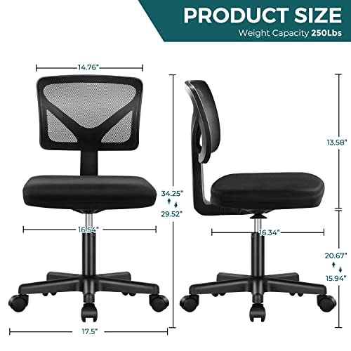 DUMOS Armless Rolling Desk Chair - Ergonomic Mesh Office Chair for Small Spaces, Dark Black