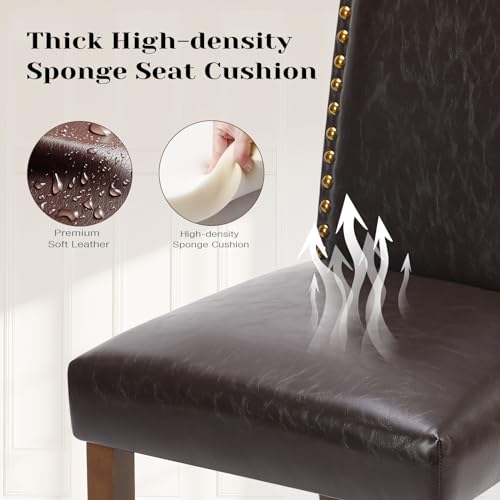 Mid Century Modern Dining Chairs Set of 4, Upholstered Leather with Nailhead Trim and Wood Legs, Brown