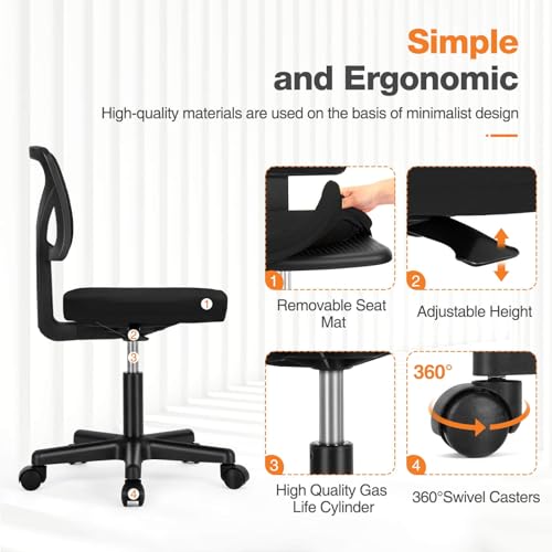 Elevon Ergonomic Armless Desk Chair for Small Spaces - Adjustable Rolling Mesh Swivel Chair