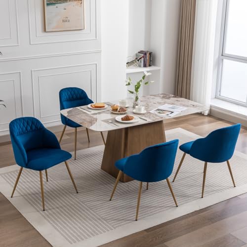 Blue Velvet Dining Chairs Set of 2 with Gold Metal Legs