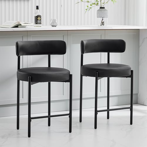 Set of 3 Black Faux Leather Bar Stools with Backs, 24'' Counter Height for Kitchen Island/Counters