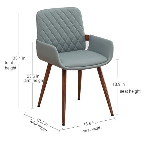 LUNLING Set of 2 Mid Century Modern Dining Chairs - Blue Faux Leather, Bentwood Frame, Upholstered Seat, Metal Legs, Adjustable Foot