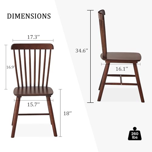 Set of 4 Farmhouse Solid Wood Windsor Dining Chairs for Restaurant or Kitchen (Walnut, 17.3 W x 16.1 D x 34.6 H)
