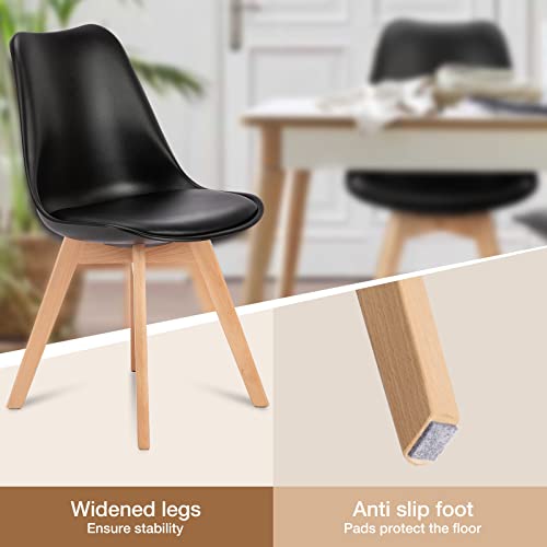 JNS AVIATION Set of 4 Mid-Century Modern Dining Chairs with Wood Legs and PU Leather Cushions - Black