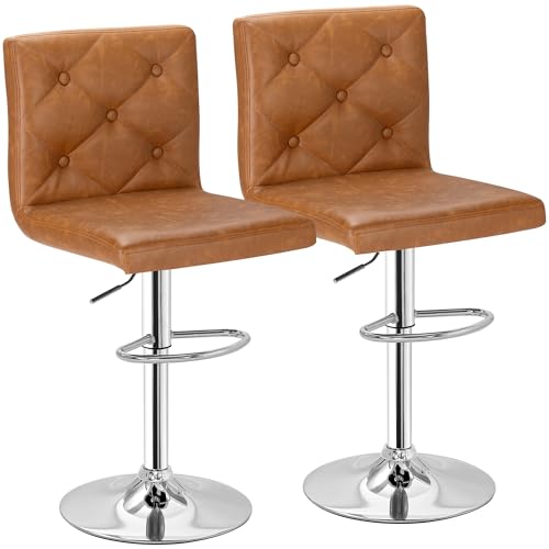VECELO 2 Pack X-Large Brown PU Leather Bar Stools, 360° Swivel