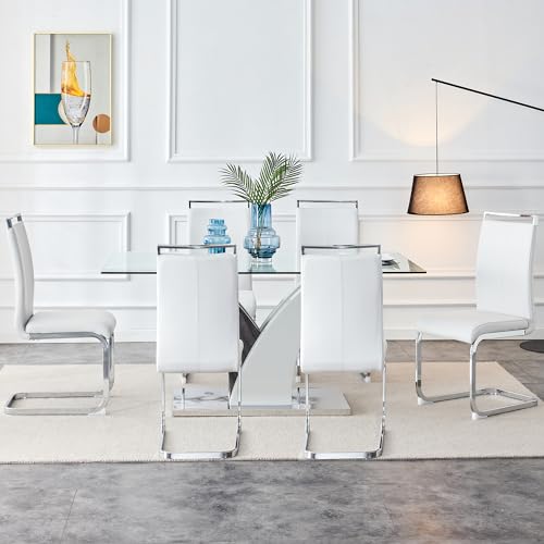 AZmac 63 Glass Dining Table Set for 6 with White PU Leather Chairs
