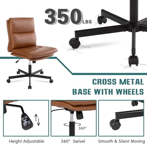 LUCKWIND Armless Swivel Desk Chair with Wheels, Adjustable Height, Double-Padded PU Leather for Home, Office & Bedroom (Brown)