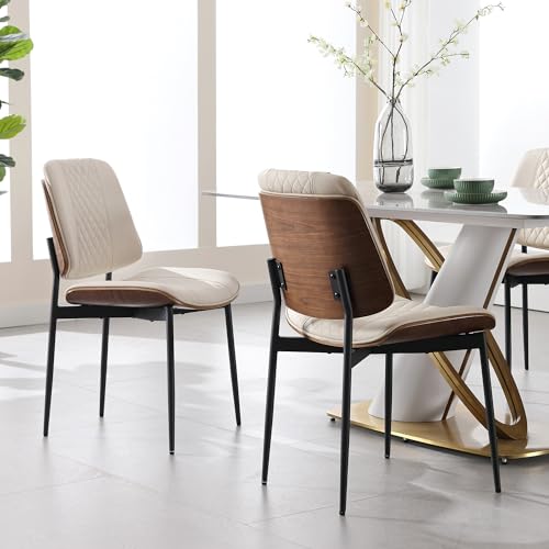 Modern Walnut Dining Chairs Set of 2 - Beige PU Leather Armless Mid Century Style