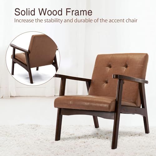 Bonzy Home Set of 2 Brown Mid-Century Modern Accent Chairs for Living Room, Upholstered Faux Leather with Solid Wood Frame