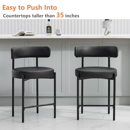 Set of 3 Black Faux Leather Bar Stools with Backs, 24'' Counter Height for Kitchen Island/Counters
