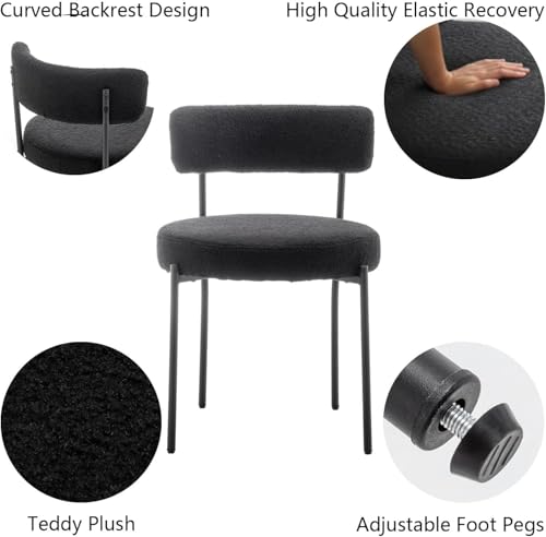 Set of 4 Black Boucle Upholstered Dining Chairs with Metal Legs