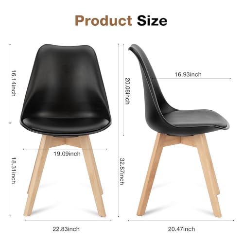 JNS AVIATION Set of 4 Mid-Century Modern Dining Chairs with Wood Legs and PU Leather Cushions - Black