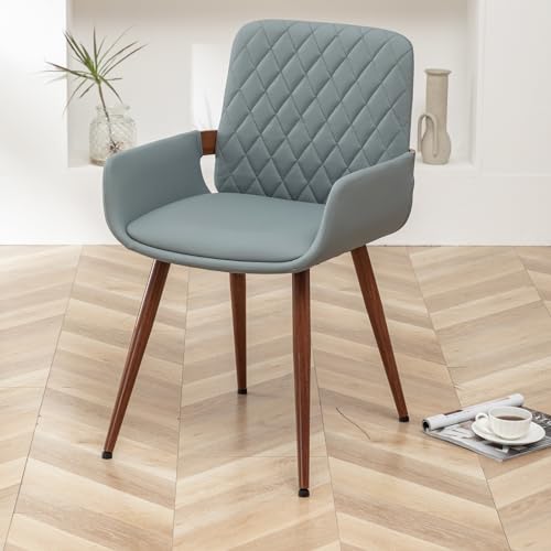 LUNLING Set of 2 Mid Century Modern Dining Chairs - Blue Faux Leather, Bentwood Frame, Upholstered Seat, Metal Legs, Adjustable Foot