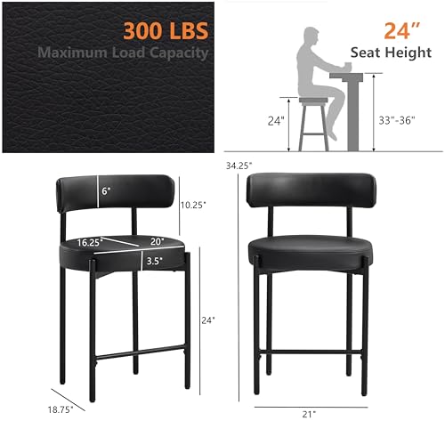 Set of 3 Black Faux Leather Bar Stools with Backs, 24'' Counter Height for Kitchen Island/Counters