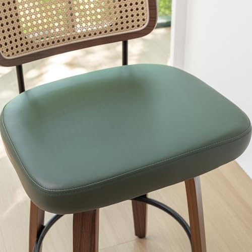 Set of 2 26.4-Inch Swivel Walnut Bar Stools with Cane Back and Upholstered Seat for Kitchen and Counter (Walnut Green)
