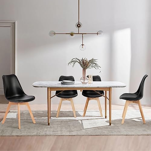 JNS AVIATION Set of 4 Mid-Century Modern Dining Chairs with Wood Legs and PU Leather Cushions - Black