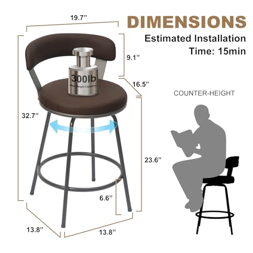 Set of 2 Modern 24-Inch Brown Leather Swivel Counter Height Bar Stools with Backs