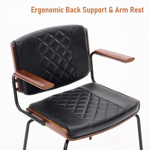 Set of 2 Mid-Century Modern Upholstered Dining Chairs with Walnut Arms and Chrome Legs (Black)
