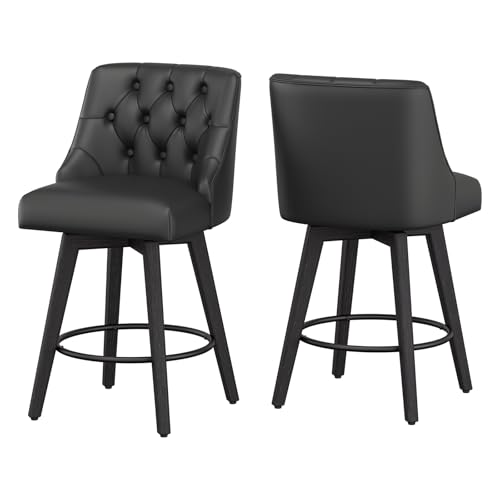 Set of 2 Black Counter Height Swivel Bar Stools with Backs and Footrests, 26.8 Inch Linen Upholstered for Kitchen Island and Dining Room