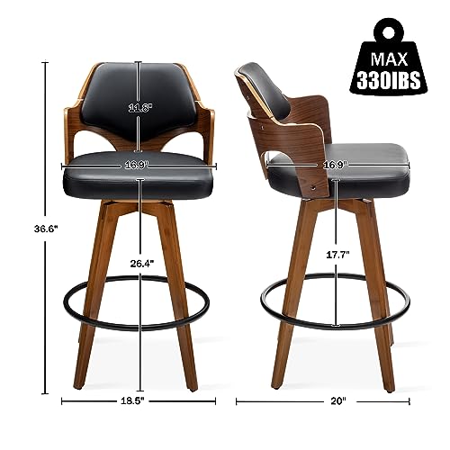 Set of 2 Swivel Bar Stools with Bamboo Legs for Kitchen Island (Black-PU)