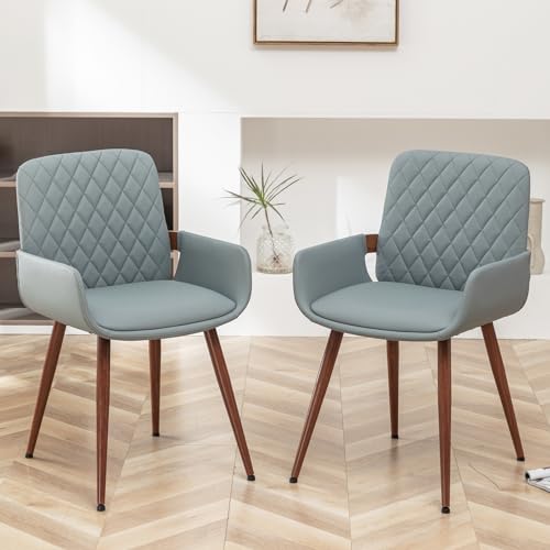 LUNLING Mid Century Modern Dining Chair - Blue Faux Leather Seat, Bentwood Frame, Metal Legs