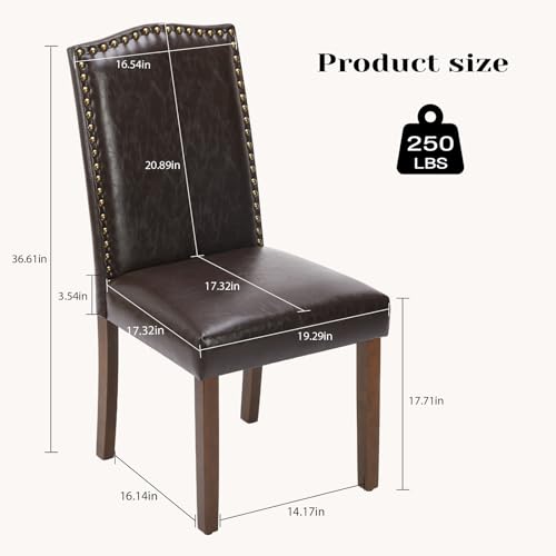 Mid Century Modern Dining Chairs Set of 4, Upholstered Leather with Nailhead Trim and Wood Legs, Brown