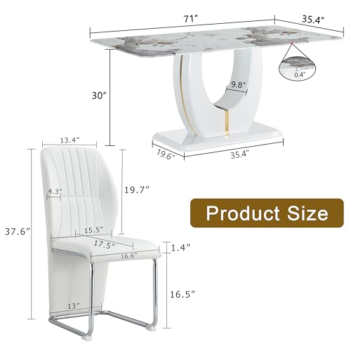 8-Person Dining Table Set with White Faux Marble and Leather Chairs