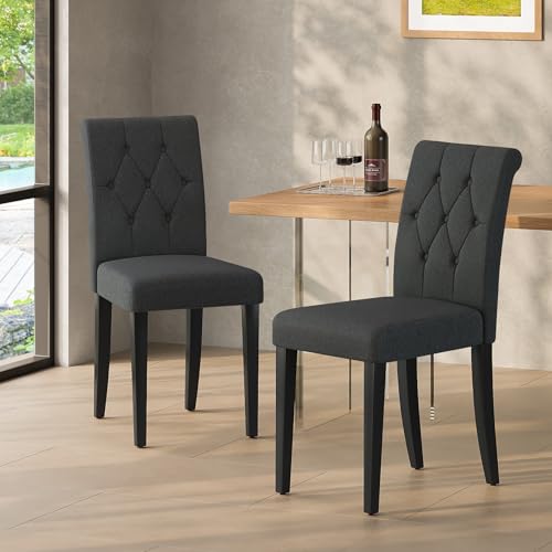 4-Piece Upholstered Dining Chairs Set, Black(Button Tufted, Solid Wood Legs)