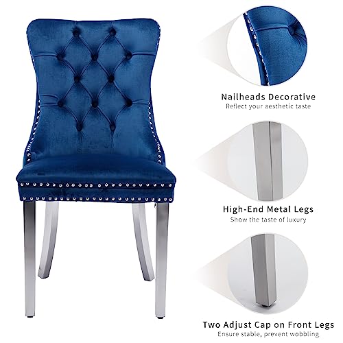 Set of 2 Blue Velvet Dining Chairs with Chrome Legs