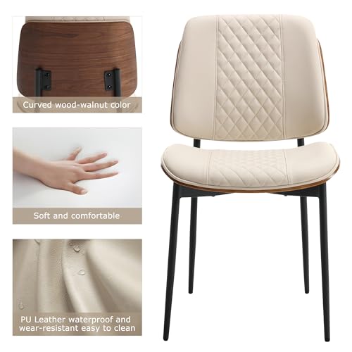 Modern Walnut Dining Chairs Set of 2 - Beige PU Leather Armless Mid Century Style