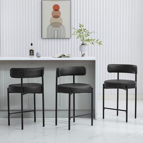 3-Piece Black Faux Leather Bar Stool Set with Back, 24" Counter Height