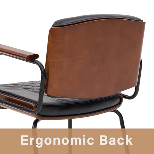 Set of 2 Mid-Century Modern Upholstered Dining Chairs with Walnut Arms and Chrome Legs (Black)