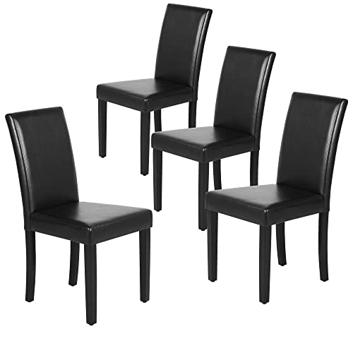 JNS AVIATION Set of 4 Black PU Leather Dining Chairs with Solid Wood Legs