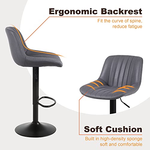 Set of 2 Adjustable Dark Grey Swivel Bar Stools with Back