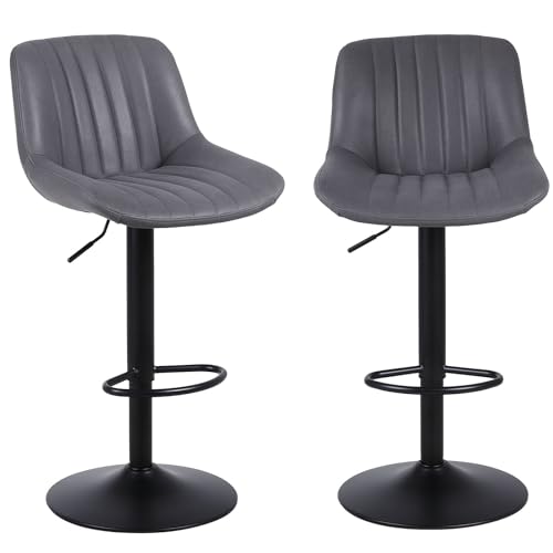 Set of 2 Dark Grey Adjustable Swivel Bar Stools with Back
