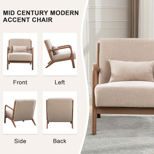 ANJ Mid-Century Modern Upholstered Arm Chair with Pillow and Wood Frame