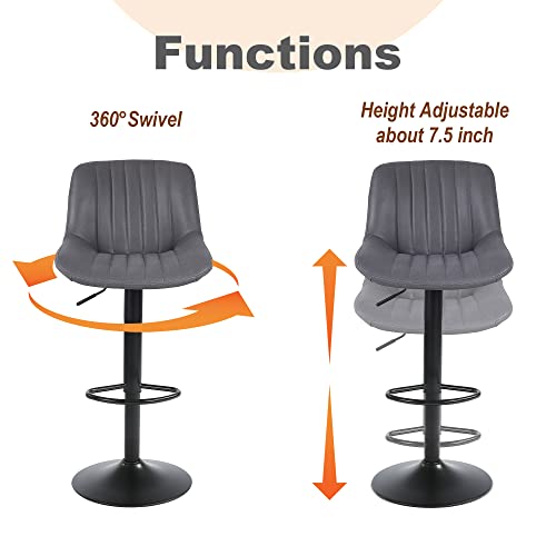 Set of 2 Dark Grey Adjustable Swivel Bar Stools with Back