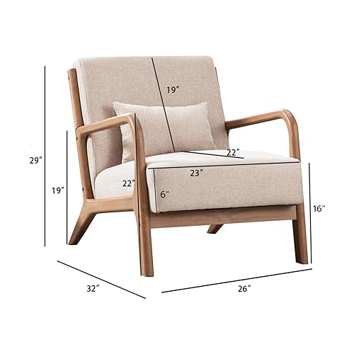 ANJHOME Mid Century Modern Comfy Beige Accent Chair with Wood Frame