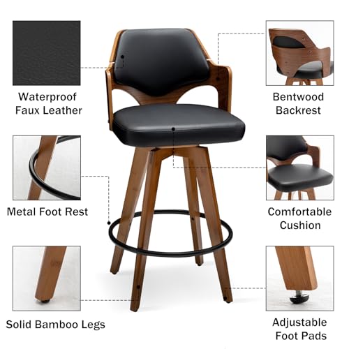 Set of 2 Swivel Bar Stools with Bamboo Legs for Kitchen Island (Black-PU)
