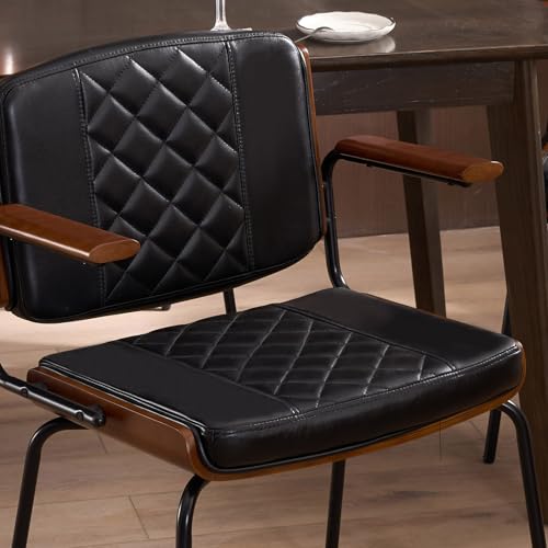 Set of 2 Mid-Century Modern Upholstered Dining Chairs with Walnut Arms and Chrome Legs (Black)