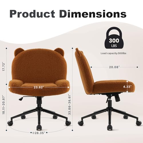 Ergonomic Armless Office Desk Chair with Wheels, Height Adjustable, Fabric Padded Seat for Home and Bedroom (Brown)