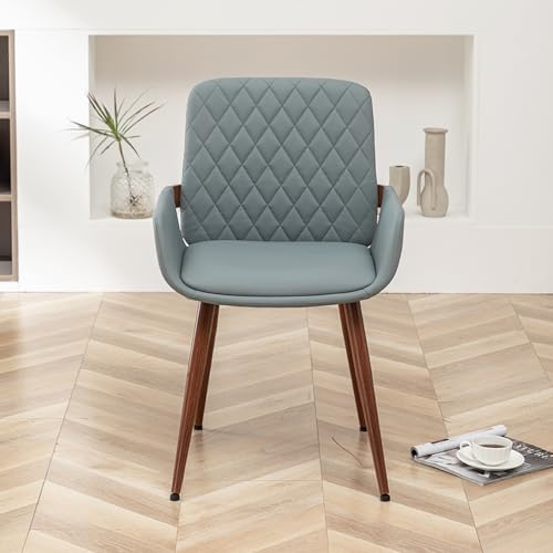 LUNLING Set of 2 Mid Century Modern Dining Chairs - Blue Faux Leather, Bentwood Frame, Upholstered Seat, Metal Legs, Adjustable Foot