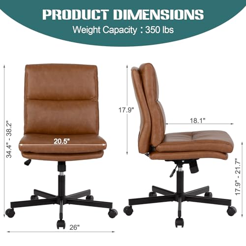 LUCKWIND Armless Swivel Desk Chair with Wheels, Adjustable Height, Double-Padded PU Leather for Home, Office & Bedroom (Brown)