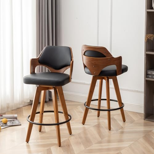 Black Swivel Bar Stools with Bamboo Legs for Kitchen Island (PU)